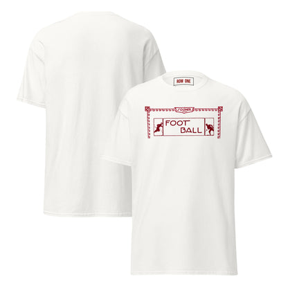 Row One Brand vintage unique college football white tee with early 1900s Sooner Football Graphic and Row One trademark inside back neck