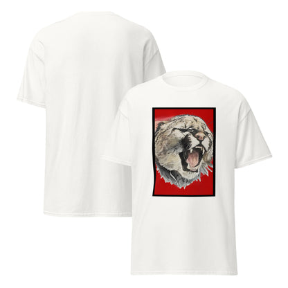 White short-sleeve t-shirt shown from both front and back. The front features a large graphic print of a roaring cougar's head on a bright red rectangular background.