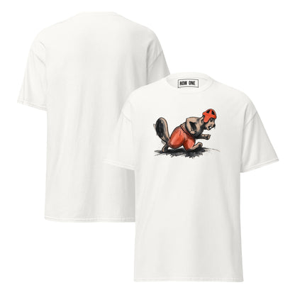 Row One Brand White cotton t-shirt vintage college football tee with 1950s cartoon beaver running back graphics