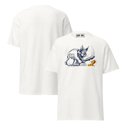 Row One Brand vintage college cartoon art graphic tee white Gildan t-shirt shown from both the front and back. The front features a graphic print of a wildcat about to club a sun devil.