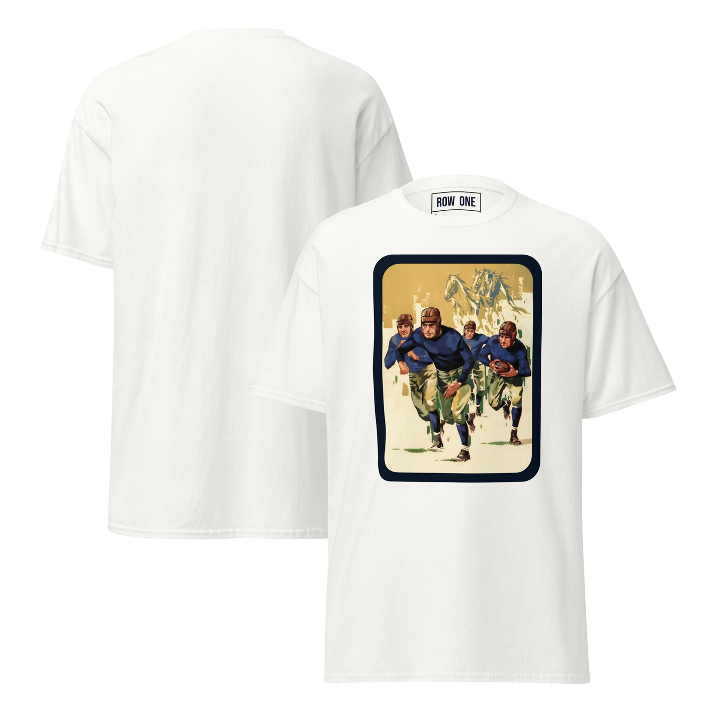 A white short-sleeve t-shirt shown from both front and back. The front features a large rectangular graphic print depicting football players in a vintage illustration style, with the brand label 'ROW ONE' visible inside the collar.