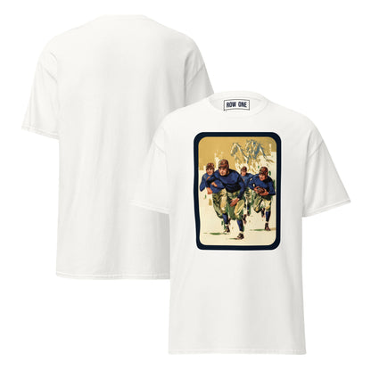 A white short-sleeve t-shirt shown from both front and back. The front features a large rectangular graphic print depicting football players in a vintage illustration style, with the brand label 'ROW ONE' visible inside the collar.