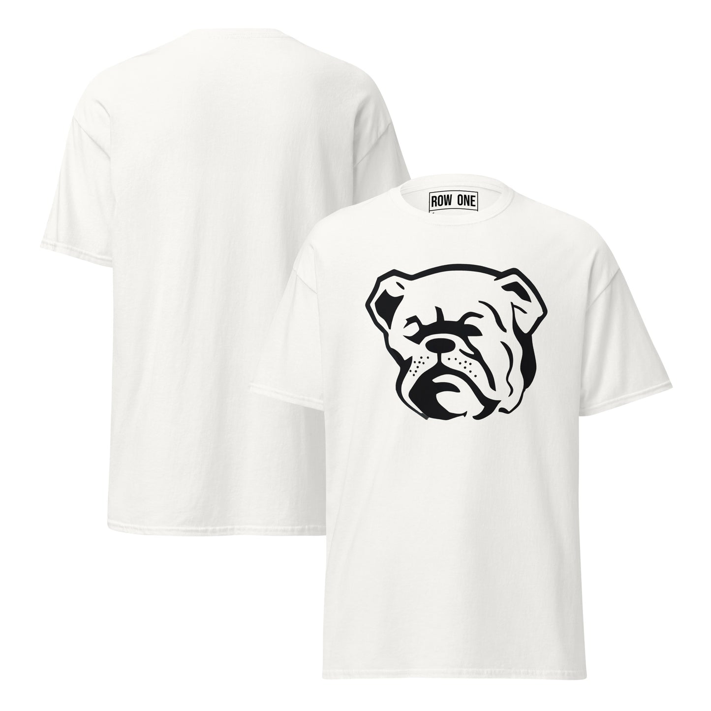 White t-shirt with bulldog and Row One trademark in neck label