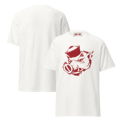 A white t-shirt shown from both front and back. The front features a red graphic design of a wild boar wearing a sailor hat, and the inside collar shows the trademark name 'ROW ONE'.