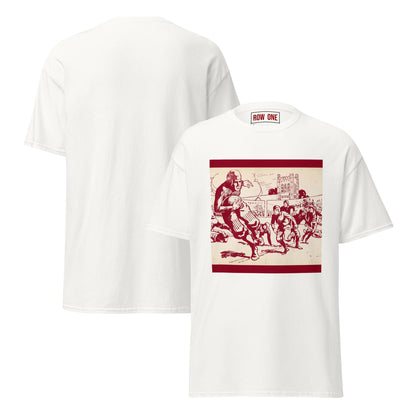 White crewneck t-shirt shown from both front and back. The front features a red graphic print of a historical football game on a beige background, and the back is solid white.