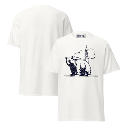 White crewneck t-shirt shown from both front and back. The front features a dark navy graphic of a bear standing next to a cloud with a clock inside, and a small 'ROW ONE' brand label is visible inside the collar.