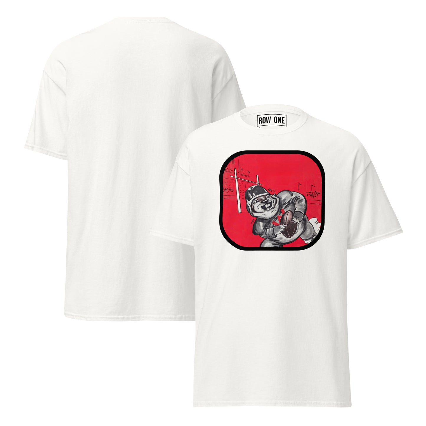 A white short-sleeve t-shirt shown from both front and back. The front features a red graphic with a cartoon football player and the brand name 'ROW ONE' printed inside the collar.