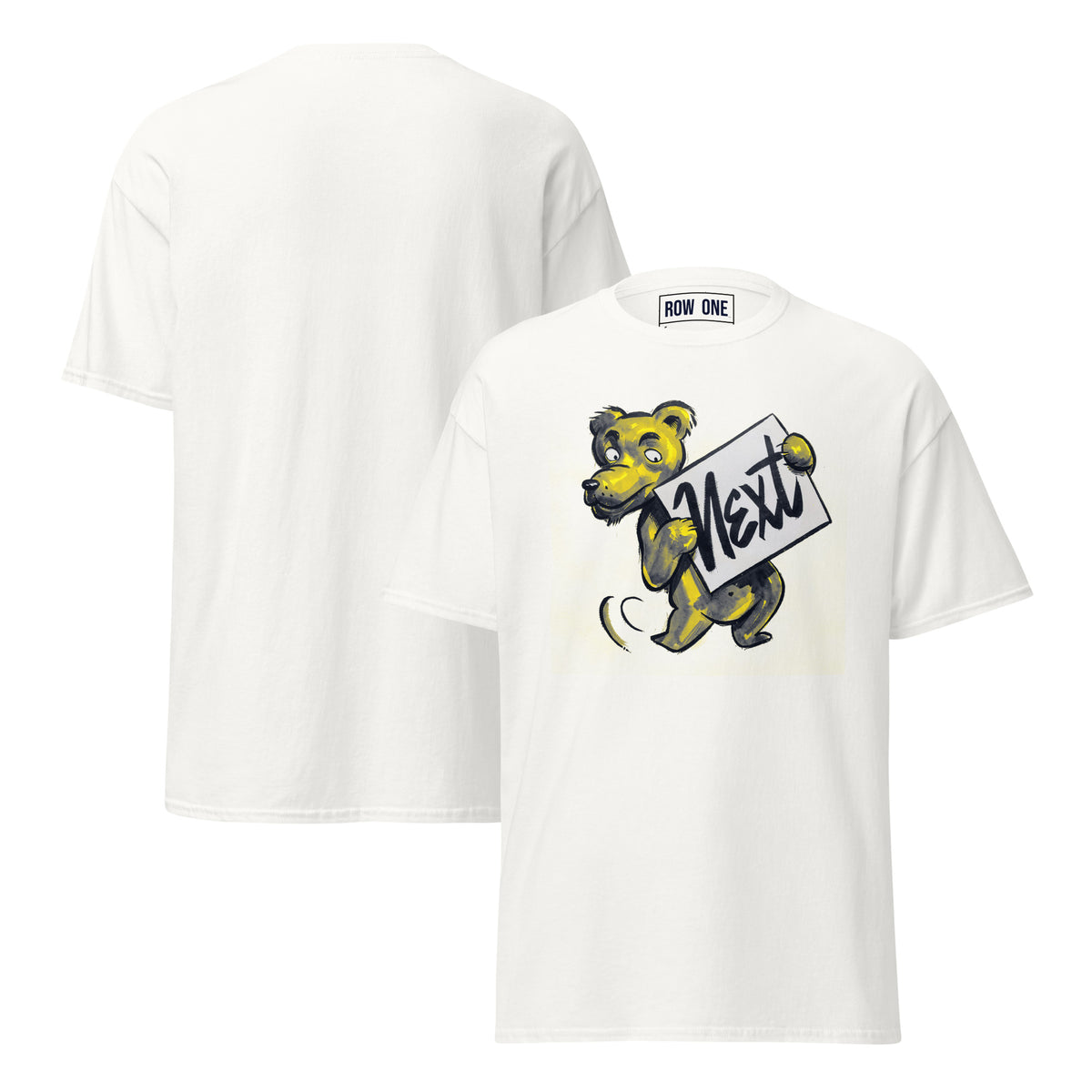 White crewneck t-shirt shown from both front and back. The front features a cartoon bear graphic holding a sign that says 'Next' in black script, with a small 'ROW ONE' brand label printed inside the collar.