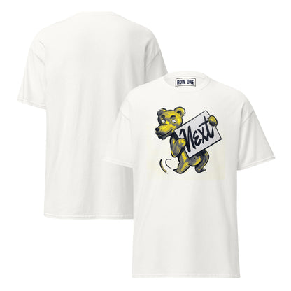 White crewneck t-shirt shown from both front and back. The front features a cartoon bear graphic holding a sign that says 'Next' in black script, with a small 'ROW ONE' brand label printed inside the collar.