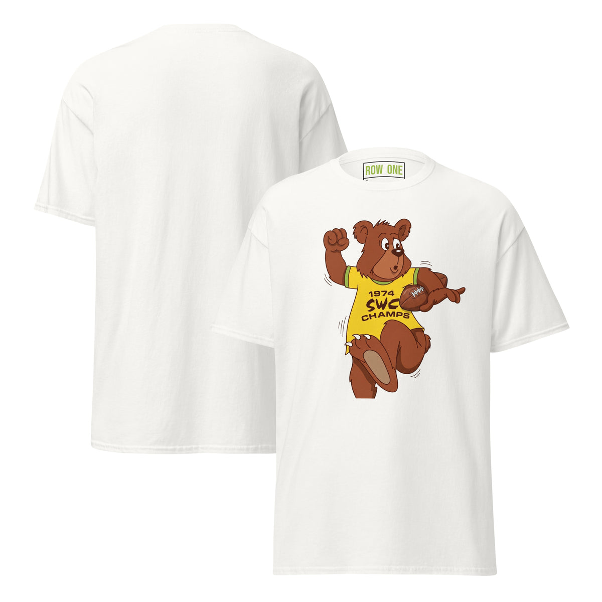 White short-sleeve crewneck t-shirt shown from both front and back. The front features a cartoon graphic of a brown bear wearing a yellow shirt that reads '1974 SWC CHAMPS'.