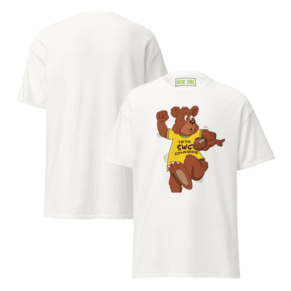 White short-sleeve crewneck t-shirt shown from both front and back. The front features a cartoon graphic of a brown bear wearing a yellow shirt that reads '1974 SWC CHAMPS'.