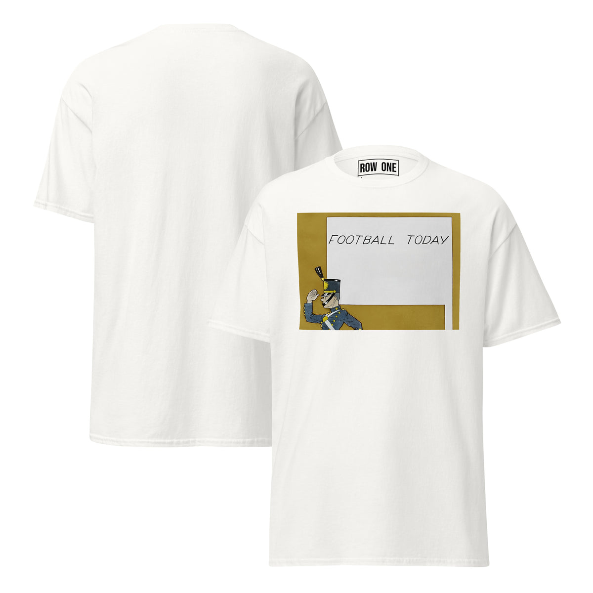 1939 Football Today Vintage College Football Tee from Row One Brand with Row One trademark inside label. Art shows cadet marching and a sign that reads "Football Today"