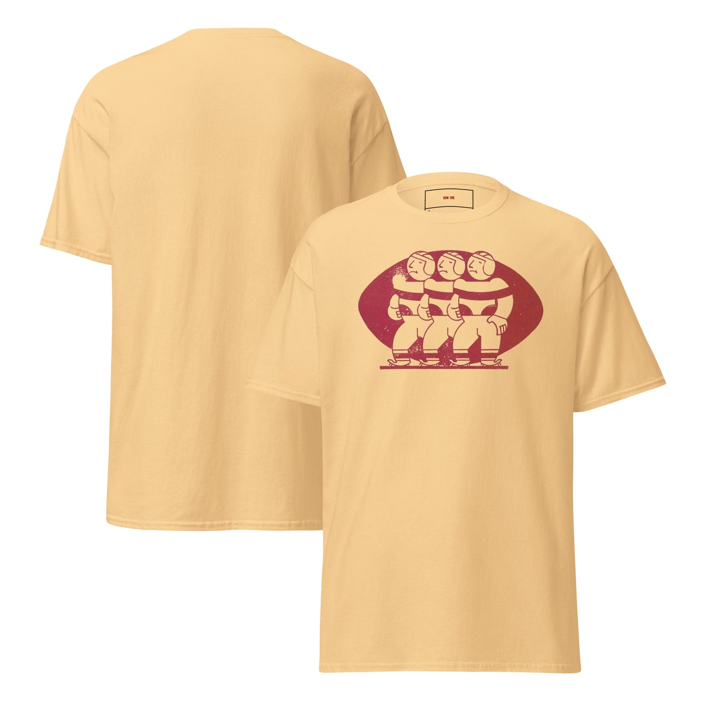 A light beige crewneck t-shirt shown from both the front and back. The front features a graphic print of three stylized figures inside a dark red football.