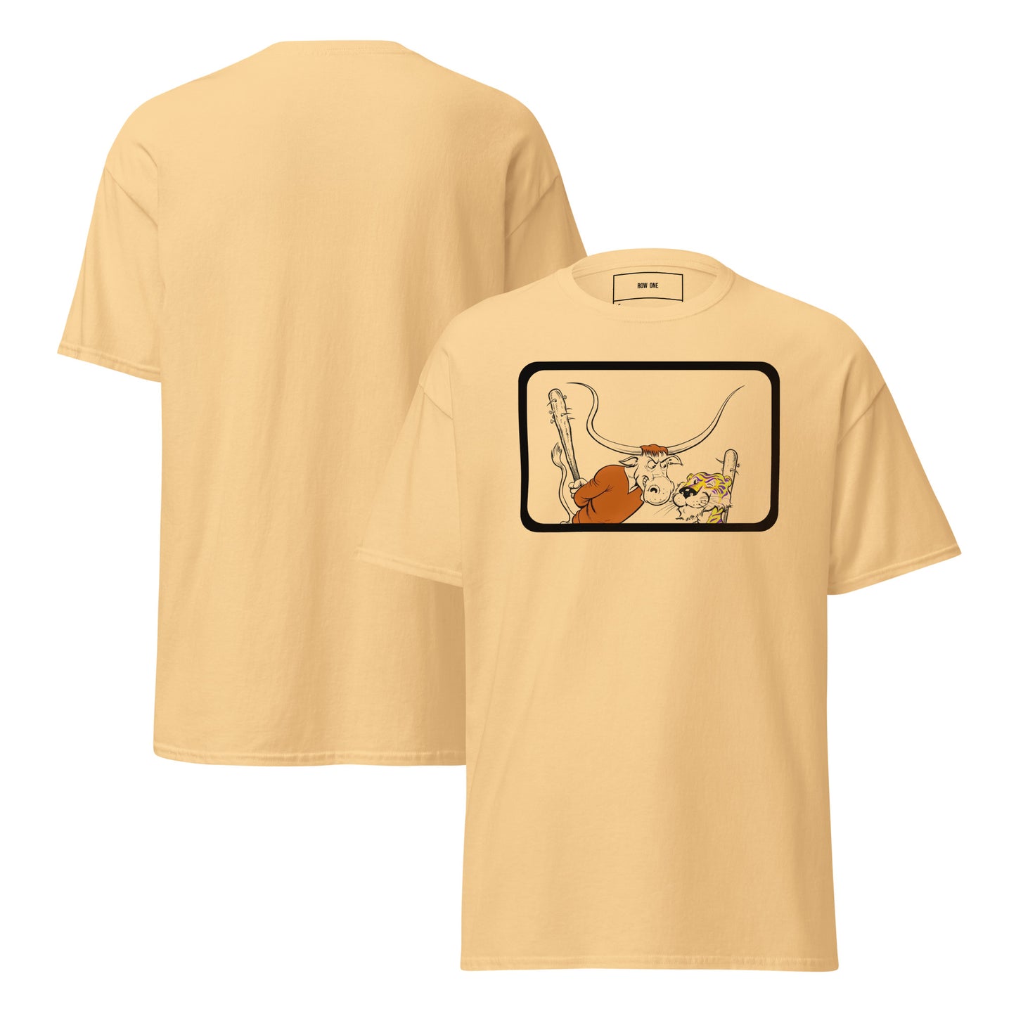 Row One Brand vintage college tee with cartoon longhorn and tiger art graphic and Row One trademark in neck inside