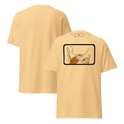 Row One Brand vintage college tee with cartoon longhorn and tiger art graphic and Row One trademark in neck inside