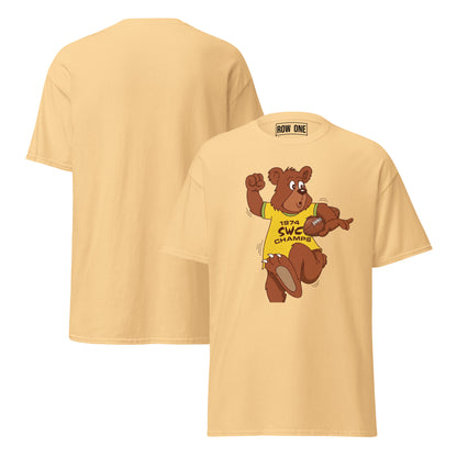 A light tan crewneck t-shirt shown from both the front and back. The front features a cartoon graphic of a brown bear wearing a yellow shirt that reads '1974 SWC Champs'.
