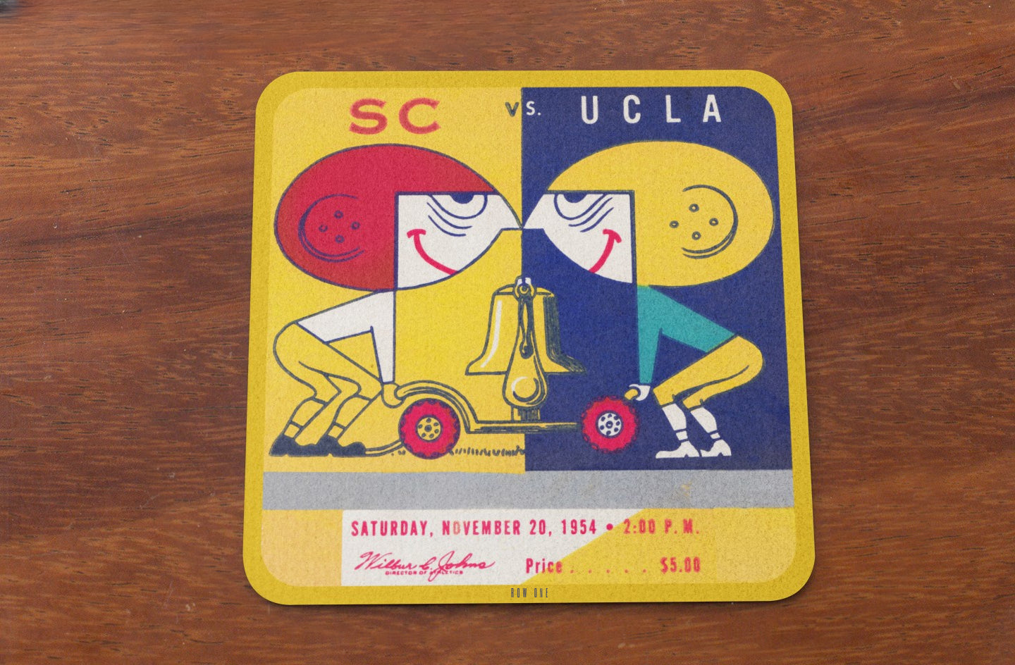 Colorful birch wood square drink coaster set with 'SC vs UCLA' 1954 ticket design on a wooden surface