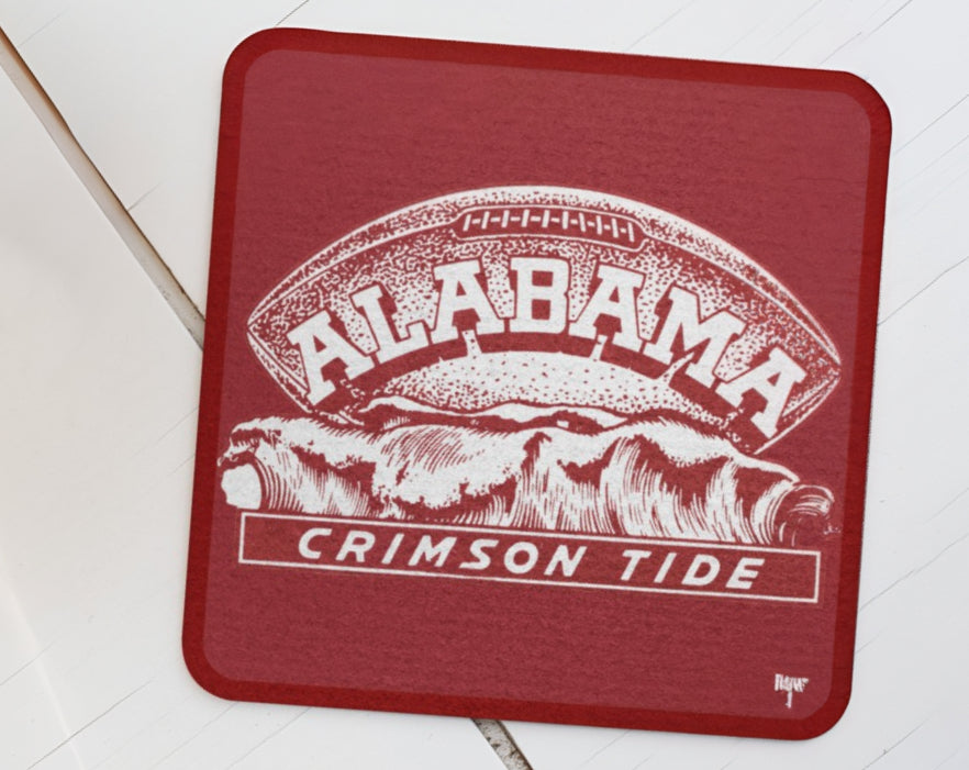 Vintage 1950s Alabama Crimson Tide Football Art Drink Coasters from Row One Brand with Authentic Throwback Graphics Showing a Football and Ocean Wave