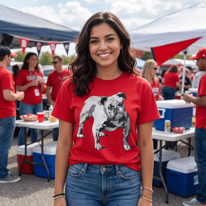 A smiling woman stands at an outdoor event wearing a bright red graphic T-shirt with a black-and-white bulldog print and blue jeans. People, tents, tables, and coolers are visible in the background.