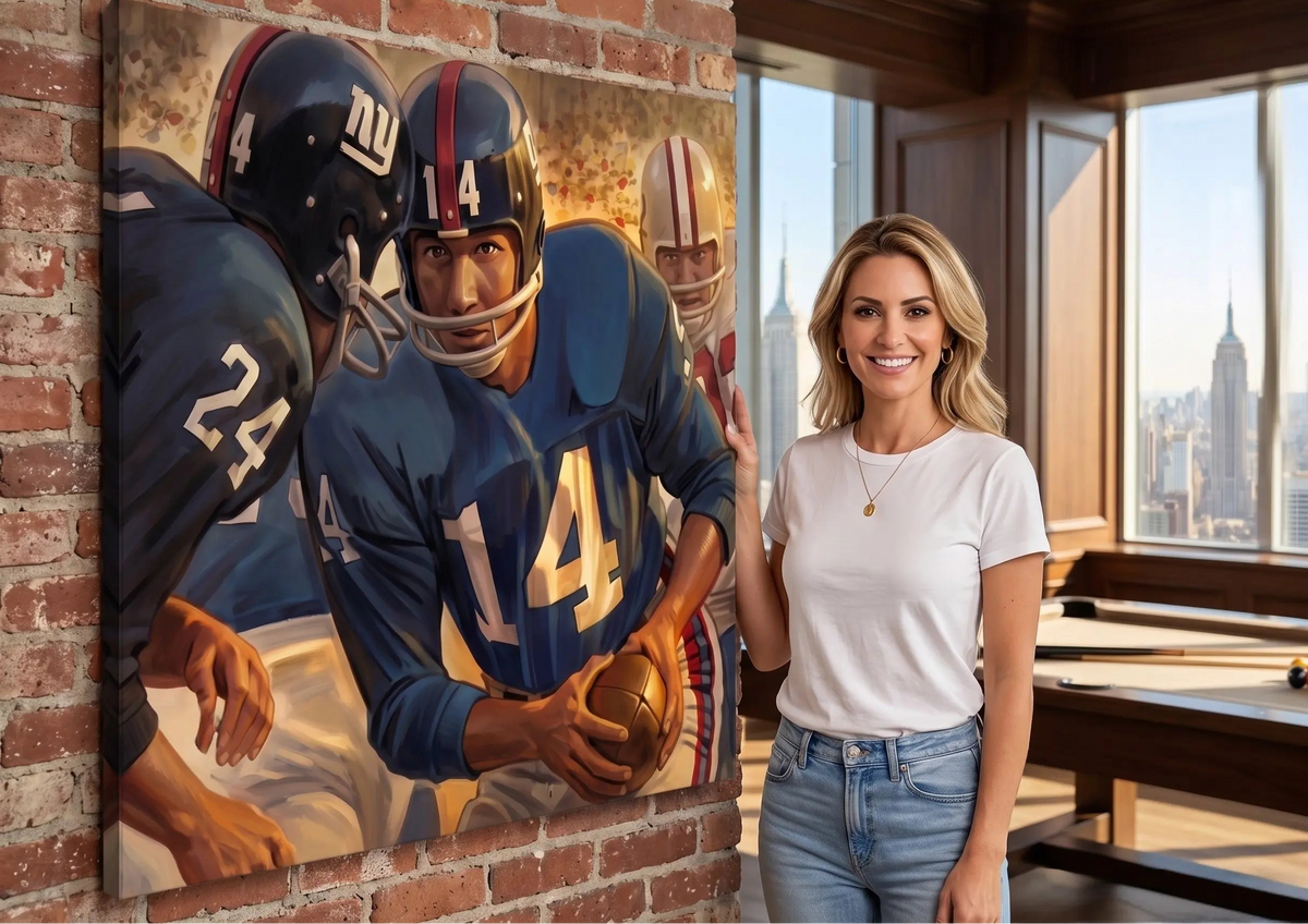 A woman stands indoors beside a large framed sports painting on a brick wall. The Row One Brand vintage sports canvas artwork shows New York Giants football players in blue and red uniforms, and the image 