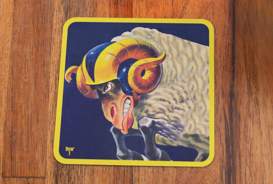 Row One Brand Vintage Sports Gifts | 1961 LA Rams Cartoon Art by Artist Karl Hubenthal | Ram Wearing Helmet Birch Wood Coasters with Yellow Border