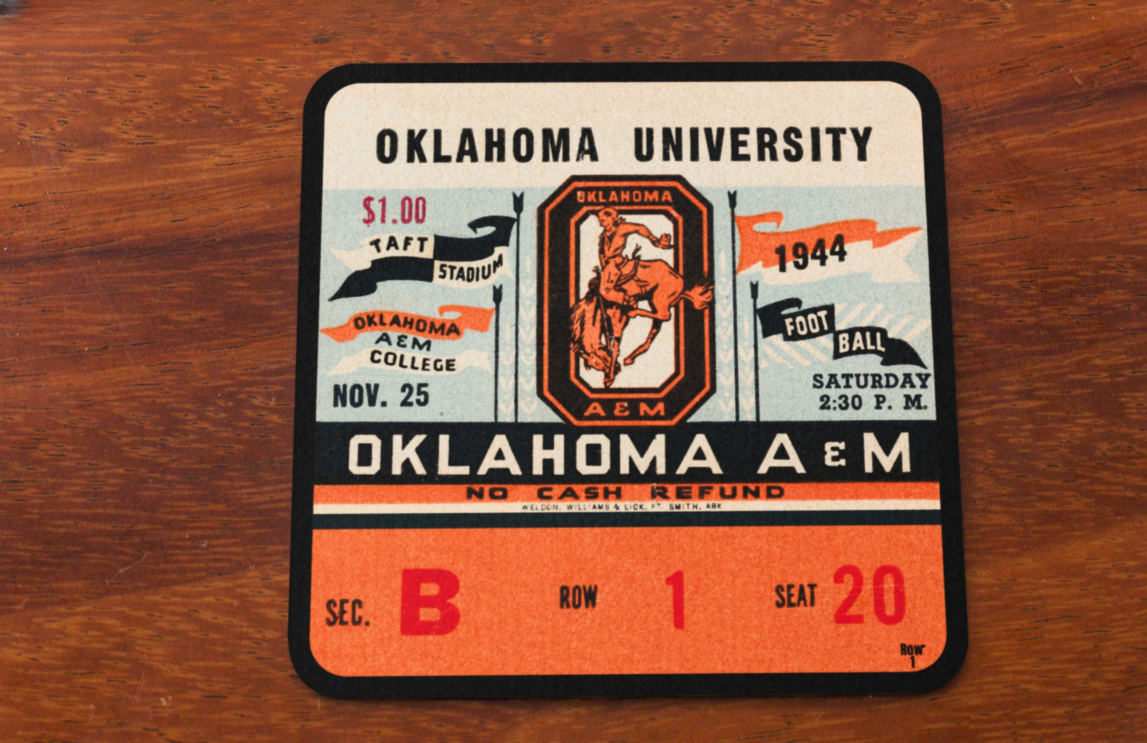 1944 Oklahoma A&M vs. Oklahoma Football Ticket Coasters