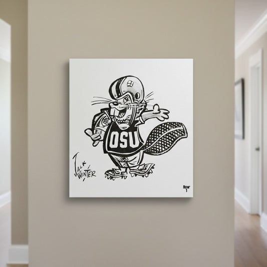 Canvas print of a black and white Jack Winter 1960s illustration of a mascot with 'OSU' on a wall.