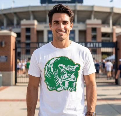 A man wearing a white Row One Brand vintage college tee crewneck t-shirt with a green bear graphic, standing in front of a stadium gate.