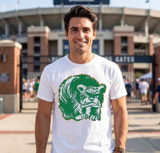 A man wearing a white Row One Brand vintage college tee crewneck t-shirt with a green bear graphic, standing in front of a stadium gate.