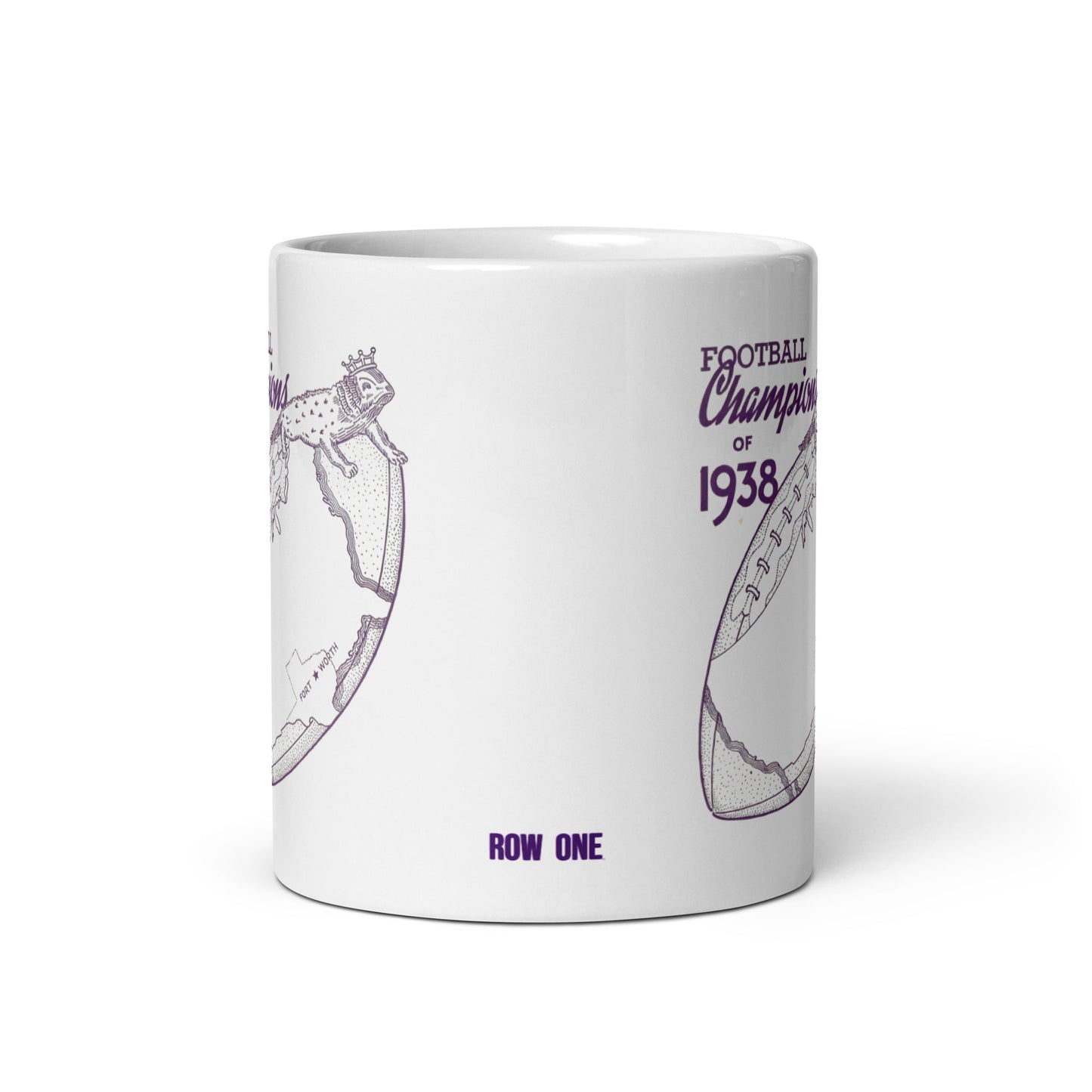 A white ceramic mug with purple printed graphics and text celebrating football champions of 1938, including the words 'ROW ONE' at the bottom.