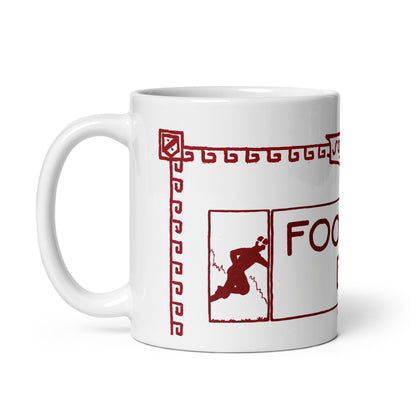 A white ceramic coffee mug with a dark red graphic print featuring a stylized running figure and the partial text 'FOO', shown on a clean white background.