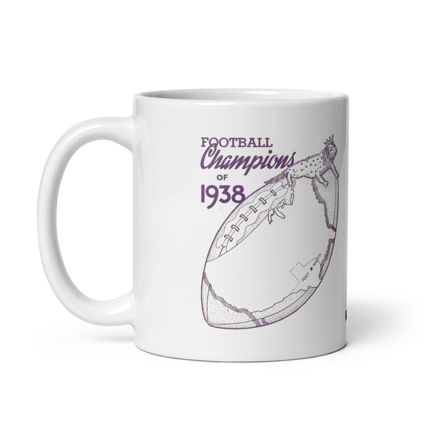 A white ceramic mug with a purple graphic print that reads 'FOOTBALL Champions of 1938' alongside a vintage football illustration, shown on a clean white background.