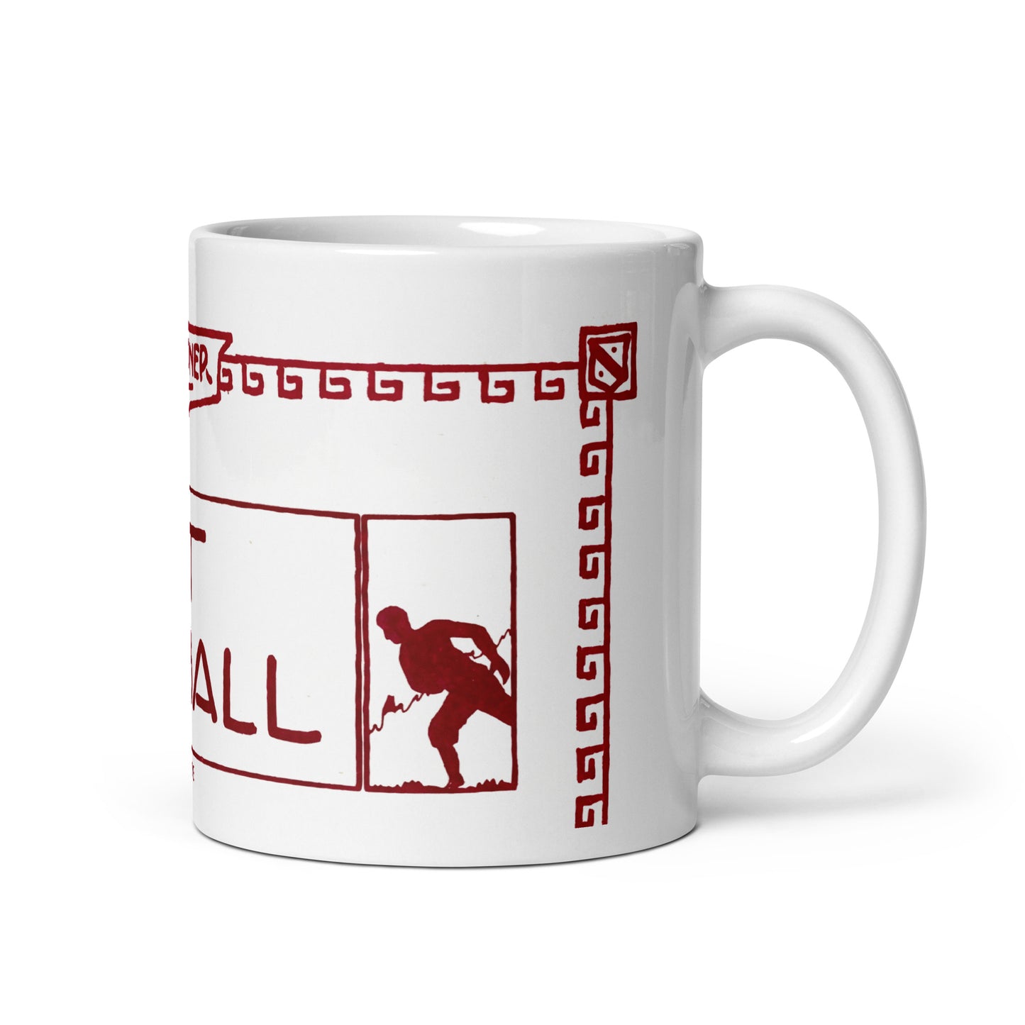 A white ceramic mug with a red graphic design featuring a football player silhouette and Greek key border, set against a plain white background.