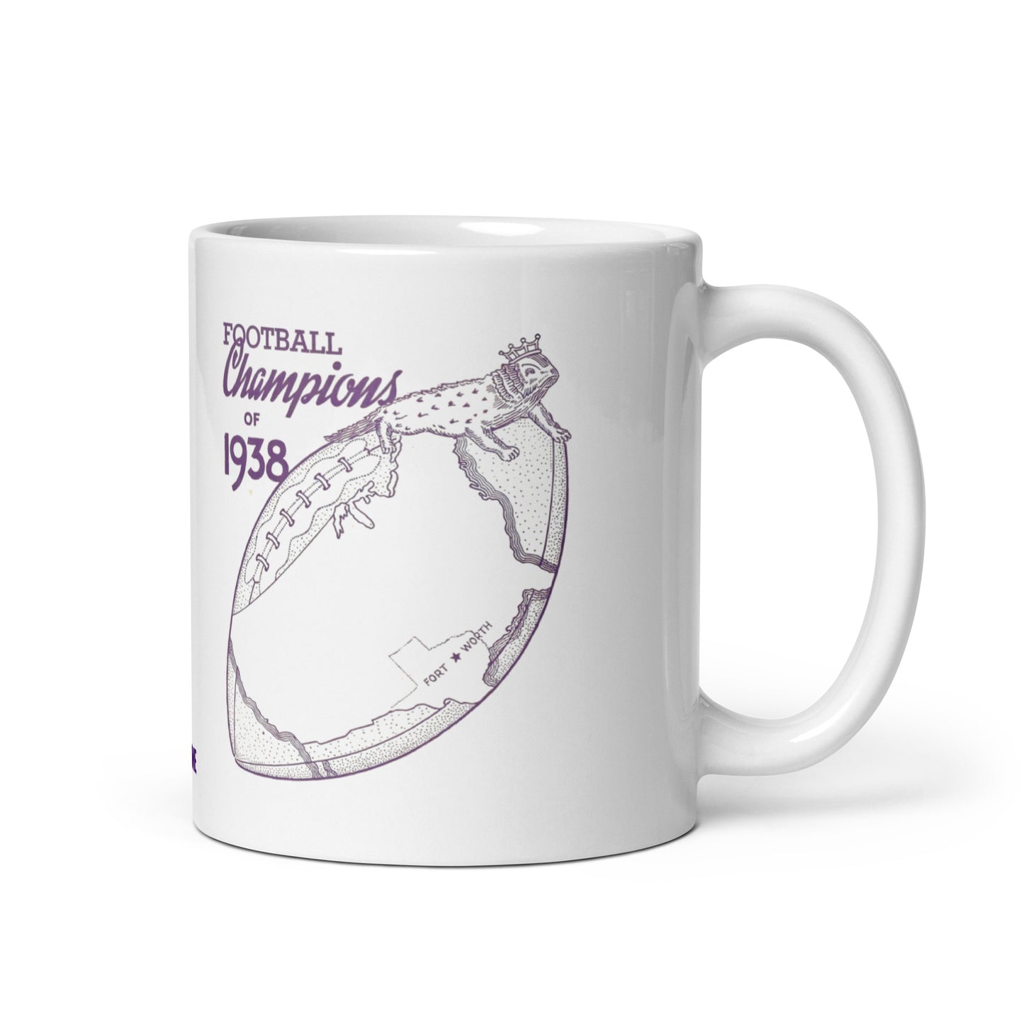 A white ceramic mug with a purple graphic print that reads 'FOOTBALL Champions of 1938' alongside a stylized football and reptile illustration, shown on a white background.