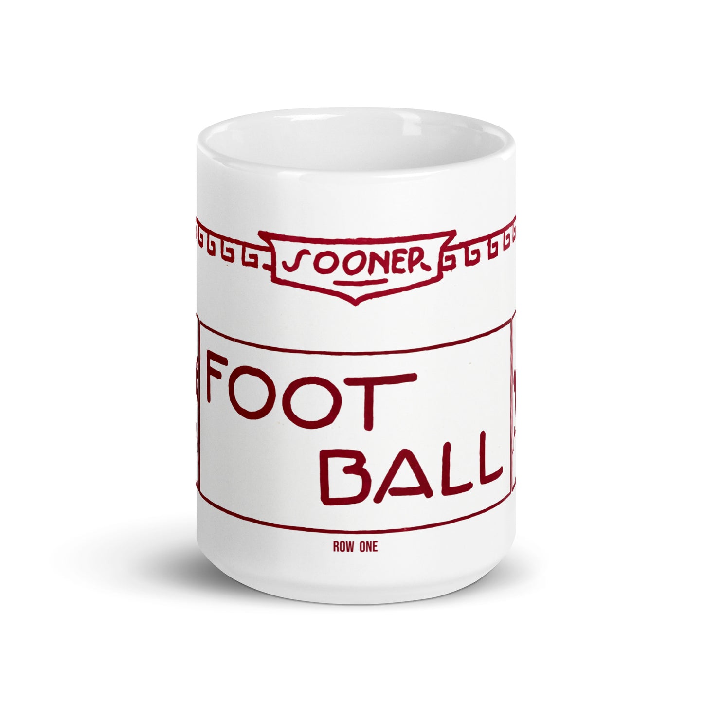 A white ceramic mug featuring a red graphic design styled like a stadium ticket, with the words 'FOOTBALL' and 'ROW ONE' printed on it, set against a plain white background.