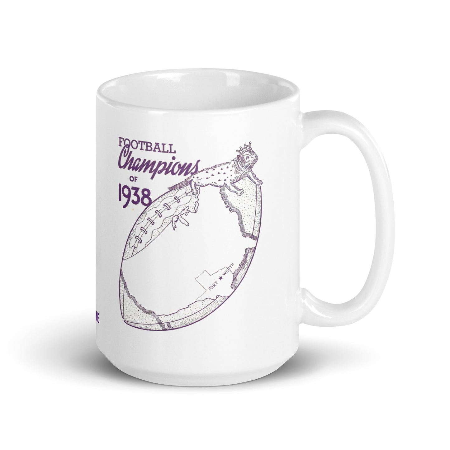 A white ceramic mug with a purple graphic print that reads 'Football Champions of 1938' alongside a vintage football illustration, shown on a clean white background.