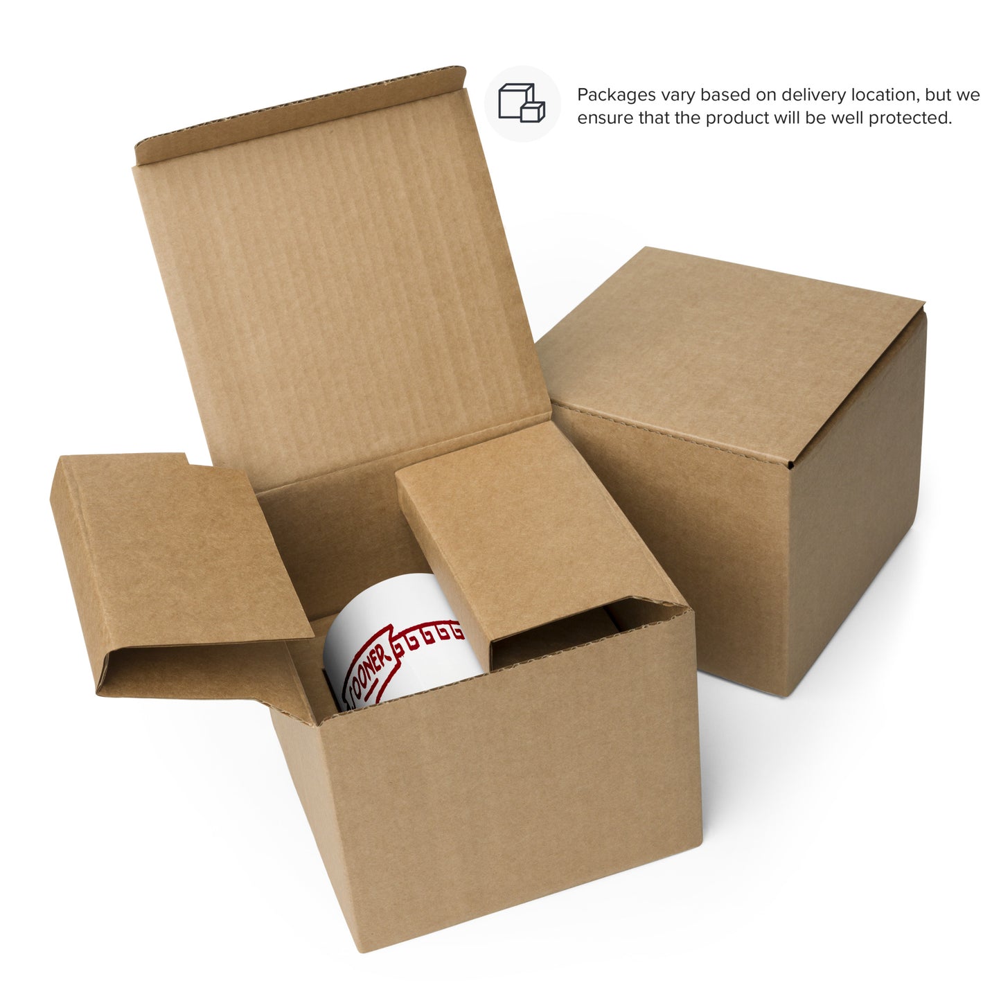 Open cardboard box with a white Coffee Mug inside on a white background