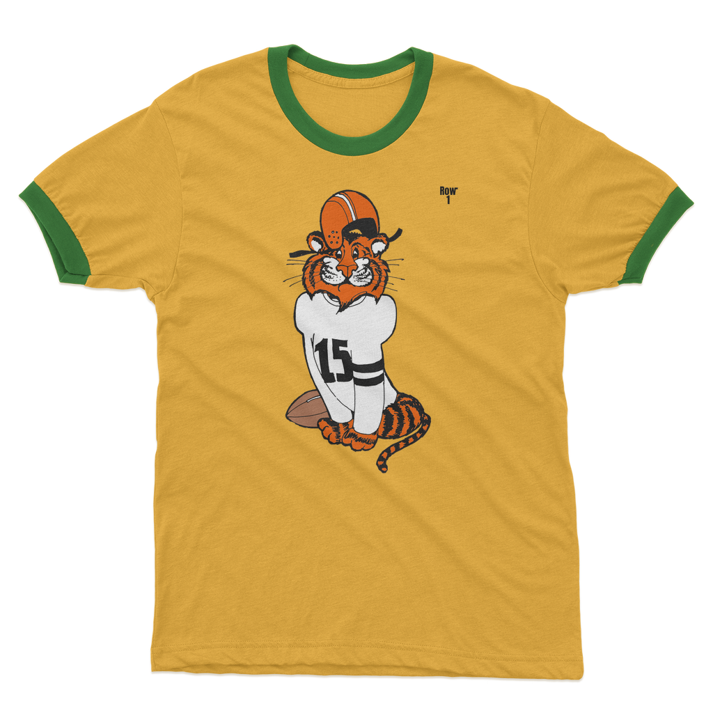 green and yellow ringer tee with row 1 vinny tiger football player cartoon art graphics