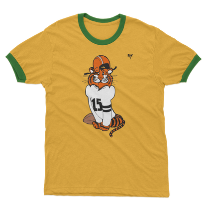 green and yellow ringer tee with row 1 vinny tiger football player cartoon art graphics