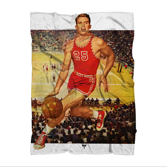 row 1 blanket with vintage basketball player wearing number 25 red basketball uniform and canvas basketball shoes
