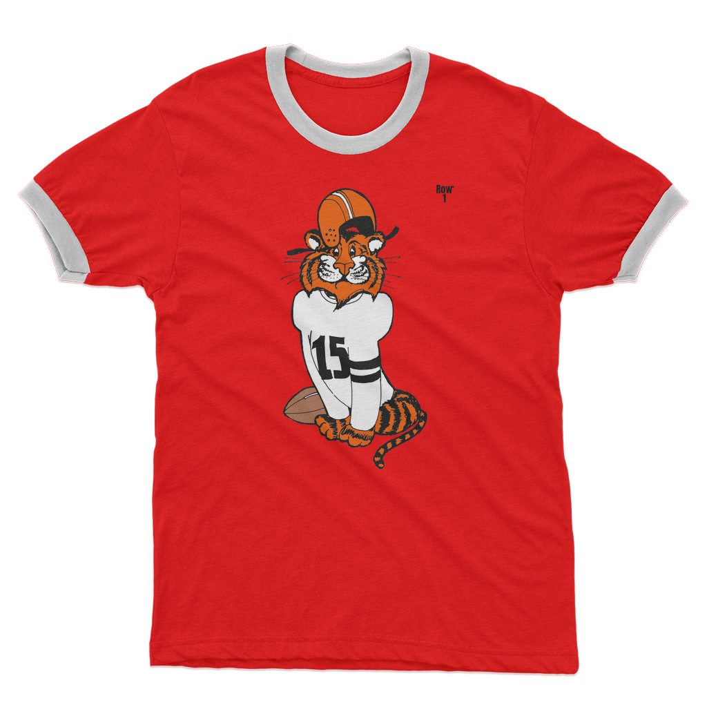 red ringer t-shirt with retro cartoon football tiger graphics jersey #15