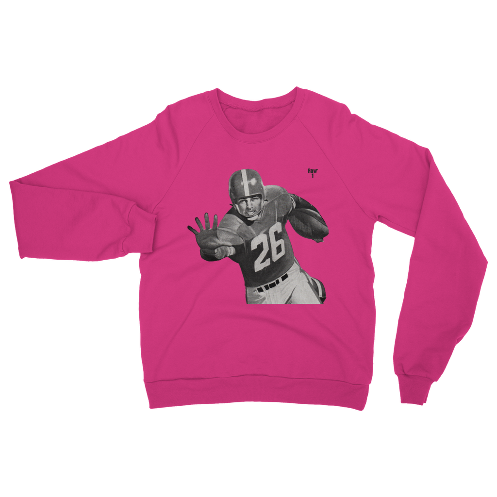 bright pink row 1 sweatshirt with football player graphic