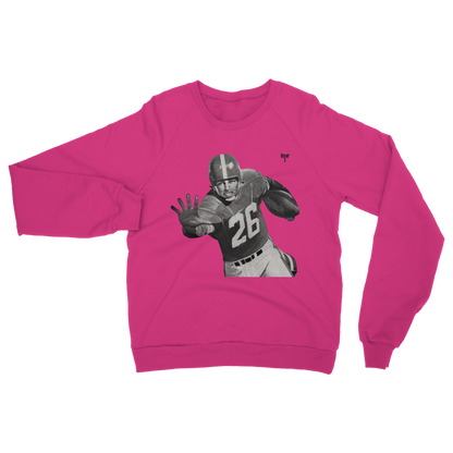 bright pink row 1 sweatshirt with football player graphic