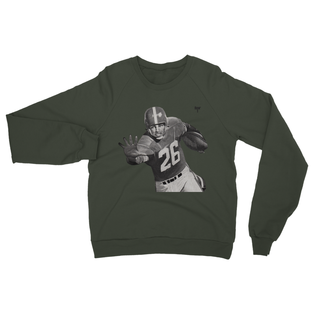 army green sweatshirt with vintage football player graphic