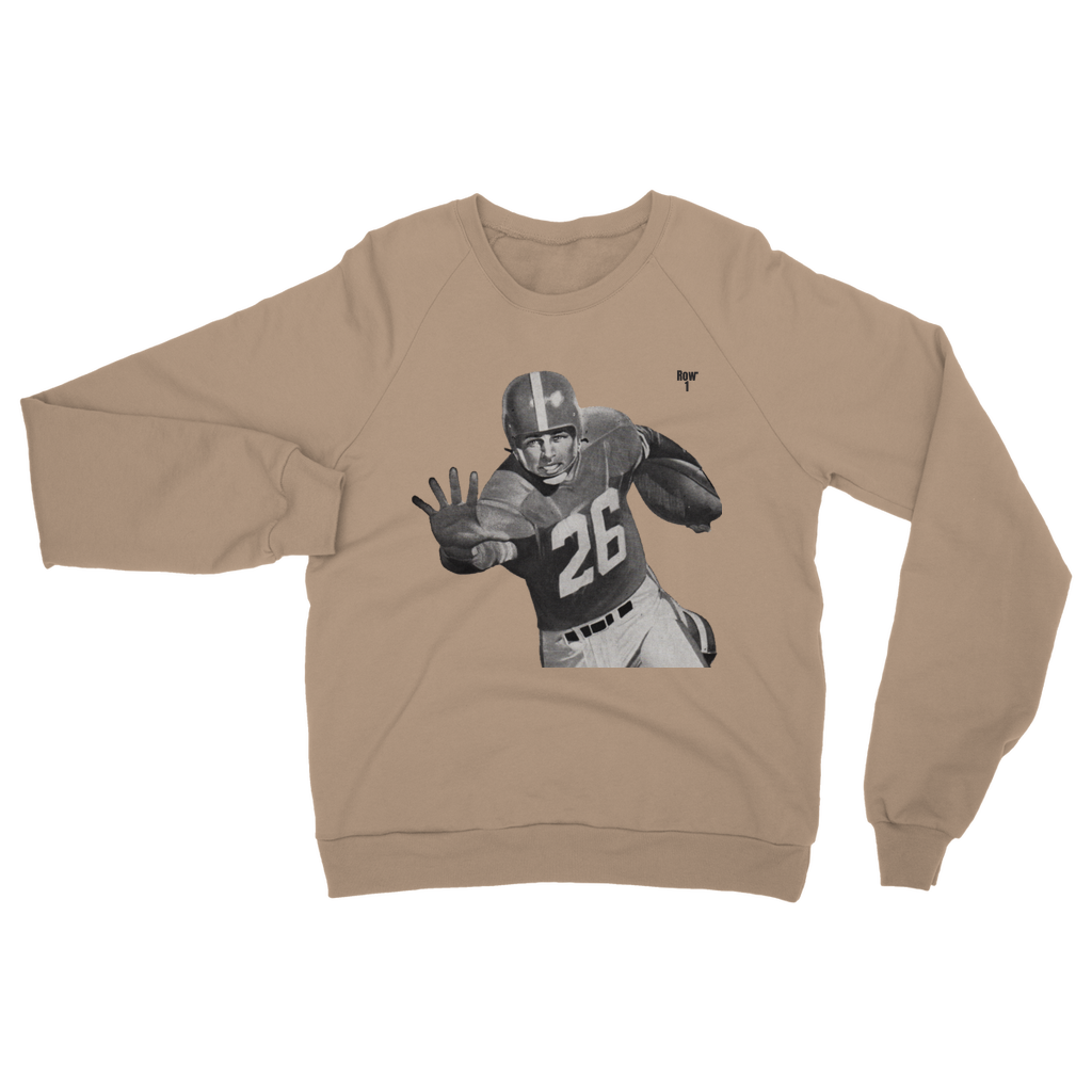 row 1 beige sweatshirt with football player graphic