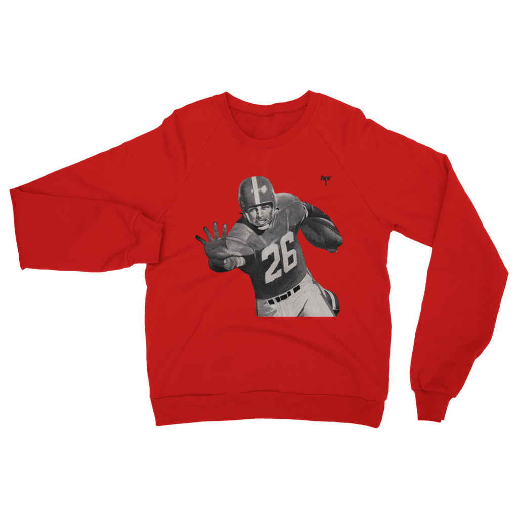 red sweatshirt with football player graphic