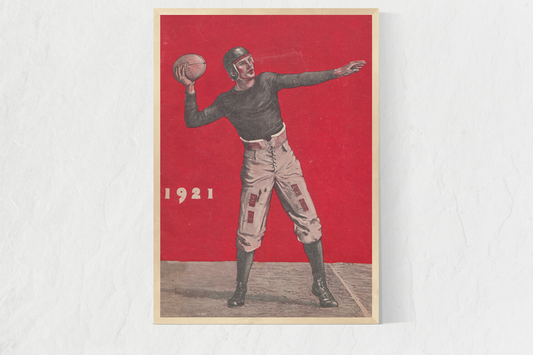This vintage football art canvas is designed from authentic 1921 football art in our collection. The artwork shows a quarterback throwing a pass. The art also shows a vintage, old-school, football uniform and leather football helmet.
